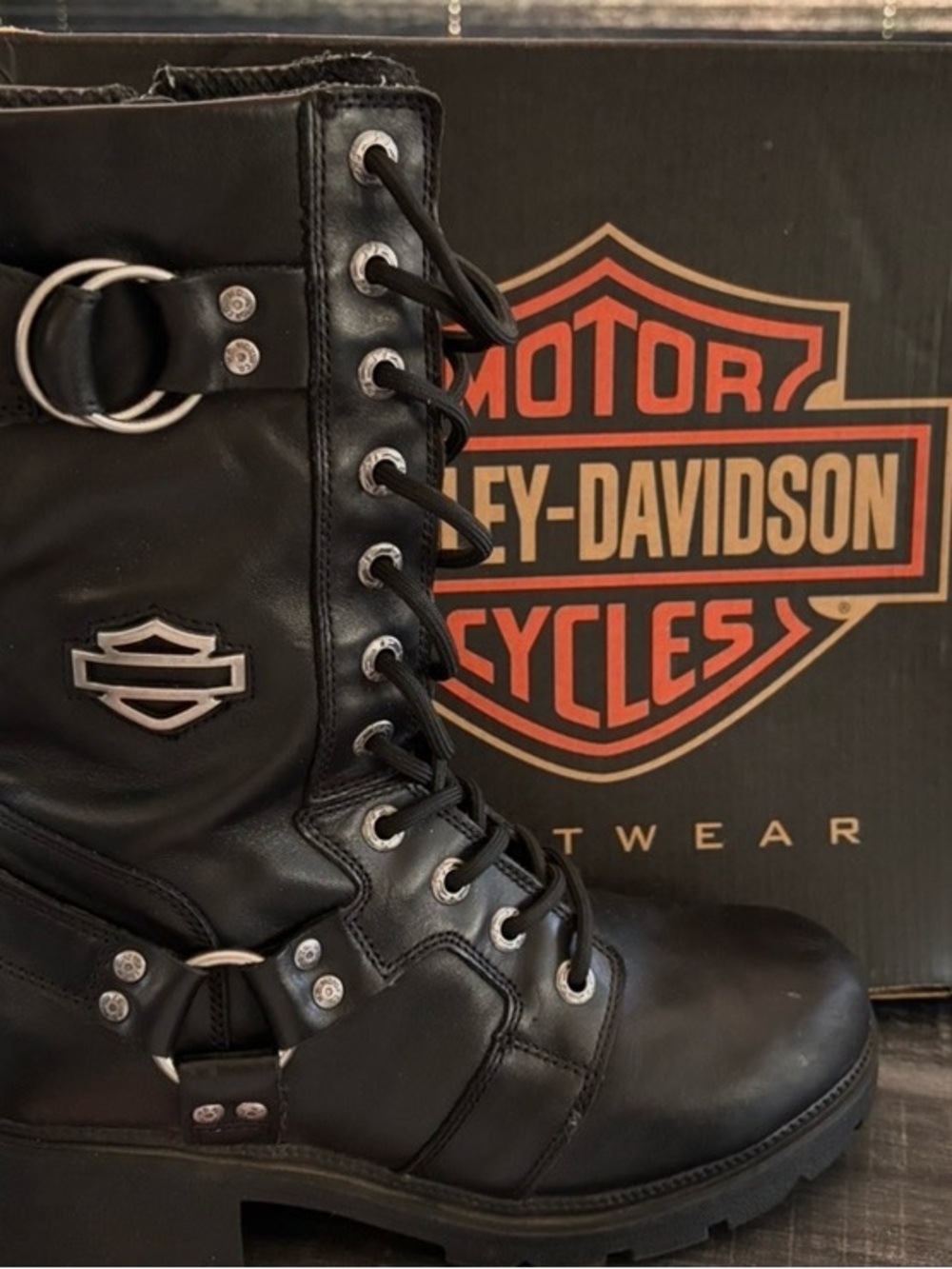 Harley-Davidson Black Lace-Up Moto Boots with Buckle Detail - Picture 2 of 4